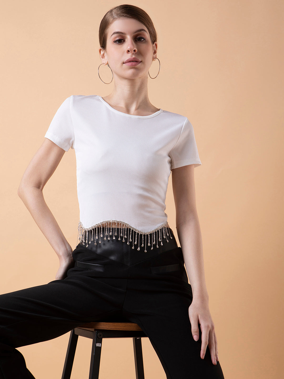 Women's White Solid Bling & Sparkly Round Neck Nylon Top