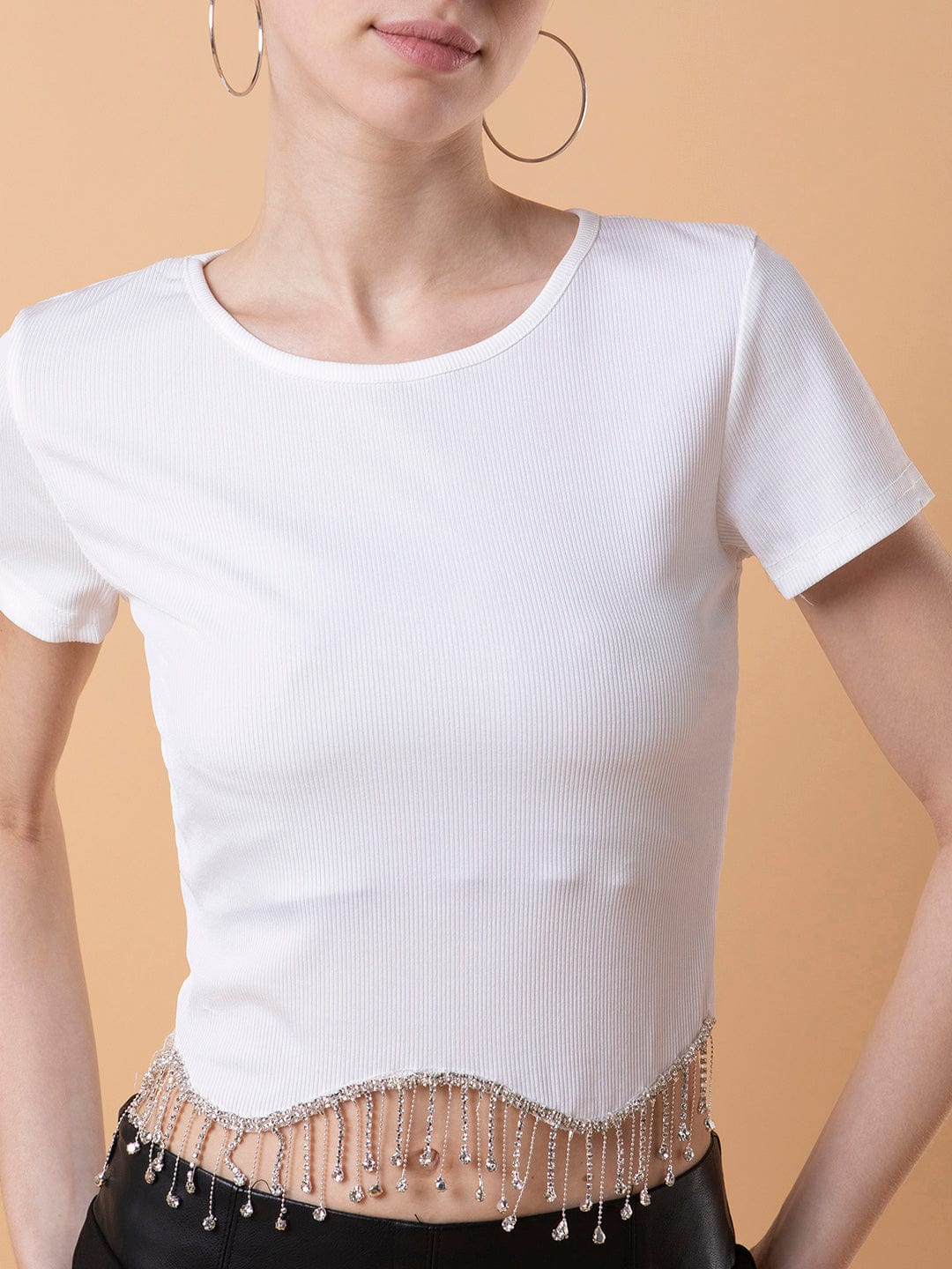 Women's White Solid Bling & Sparkly Round Neck Nylon Top