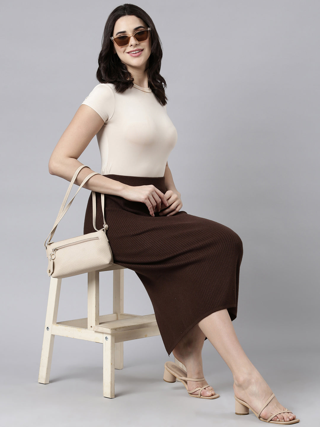 Women's Self Design Brown Straight Midi Skirt
