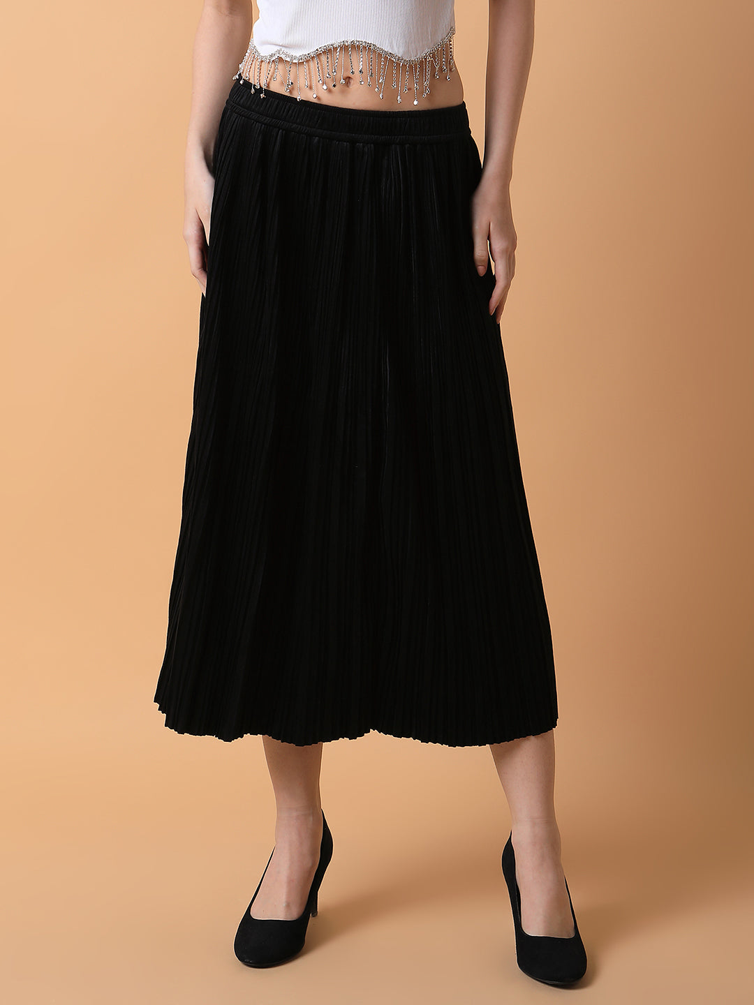 Women's Black Flared Midi Skirt