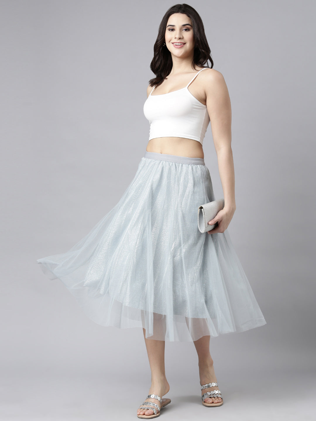 Women's Grey Embellished Flared Midi Skirts