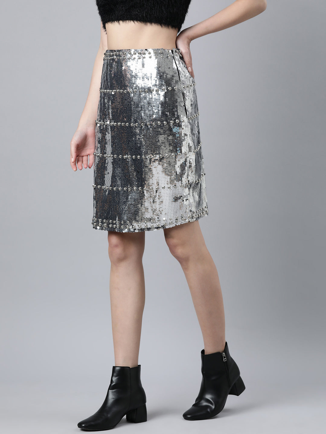 Women's Silver Embellished A-Line Above Knee Skirt