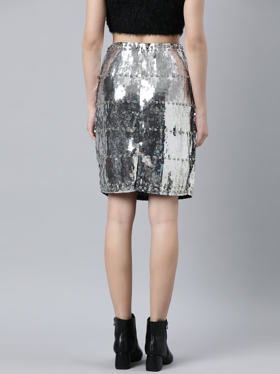 Women's Silver Embellished A-Line Above Knee Skirt
