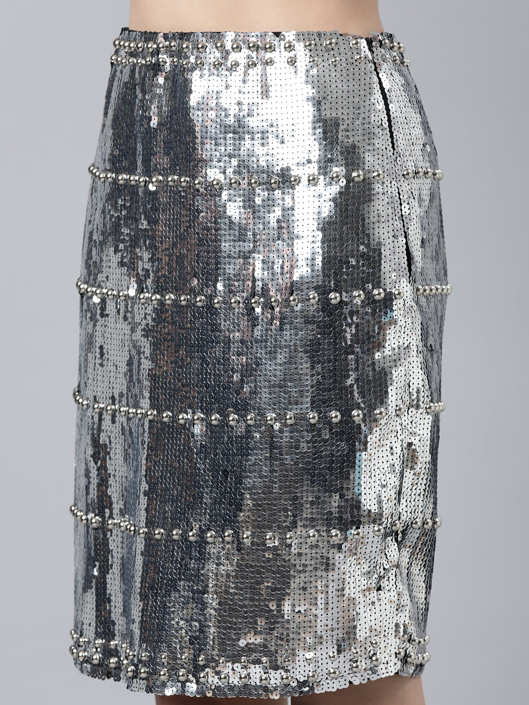 Women's Silver Embellished A-Line Above Knee Skirt