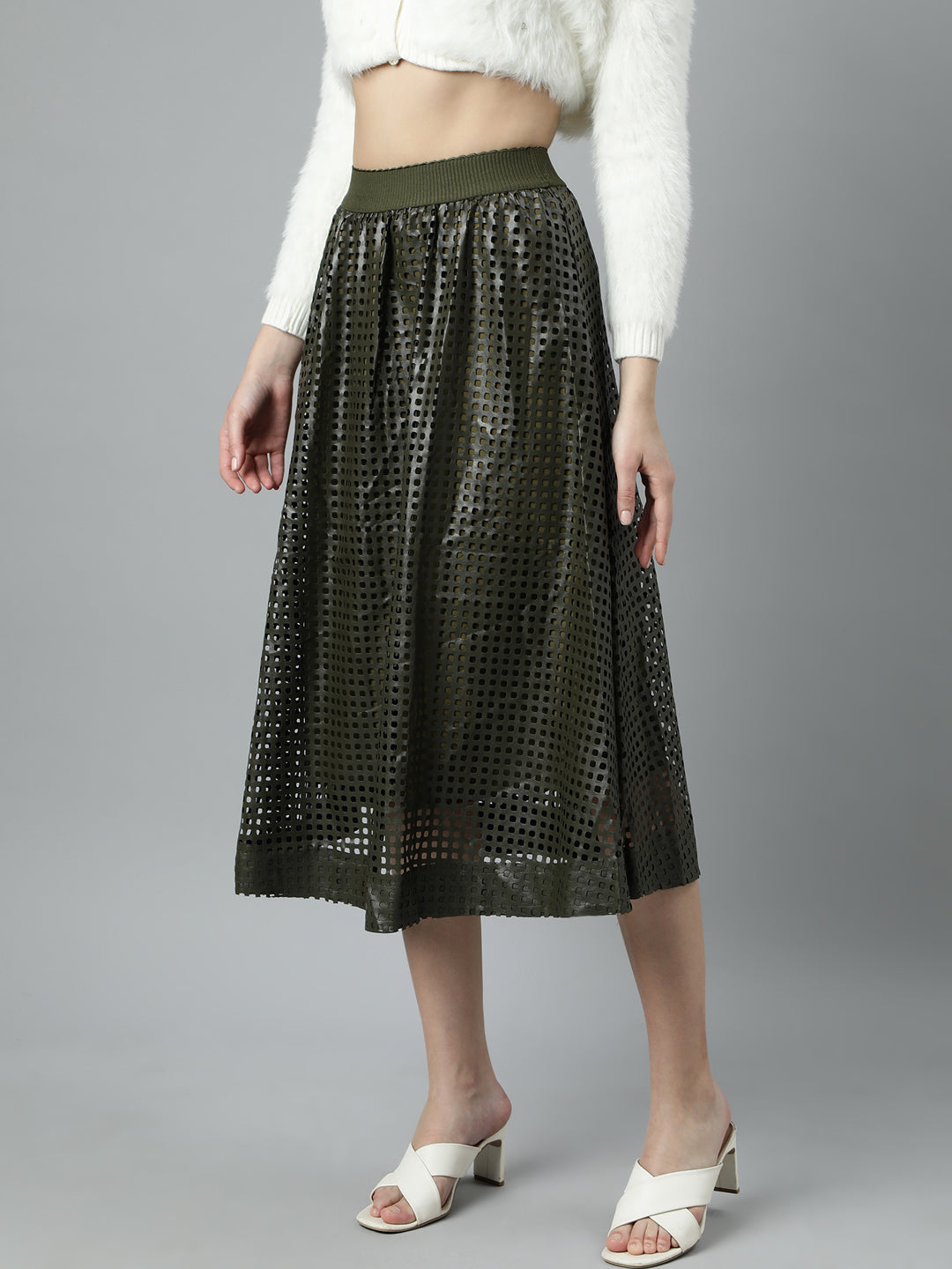 Women's Olive Self Designed Flared Midi Skirt