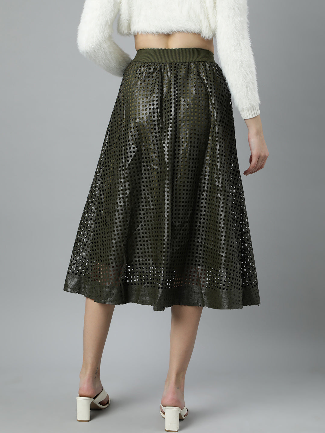 Women's Olive Self Designed Flared Midi Skirt