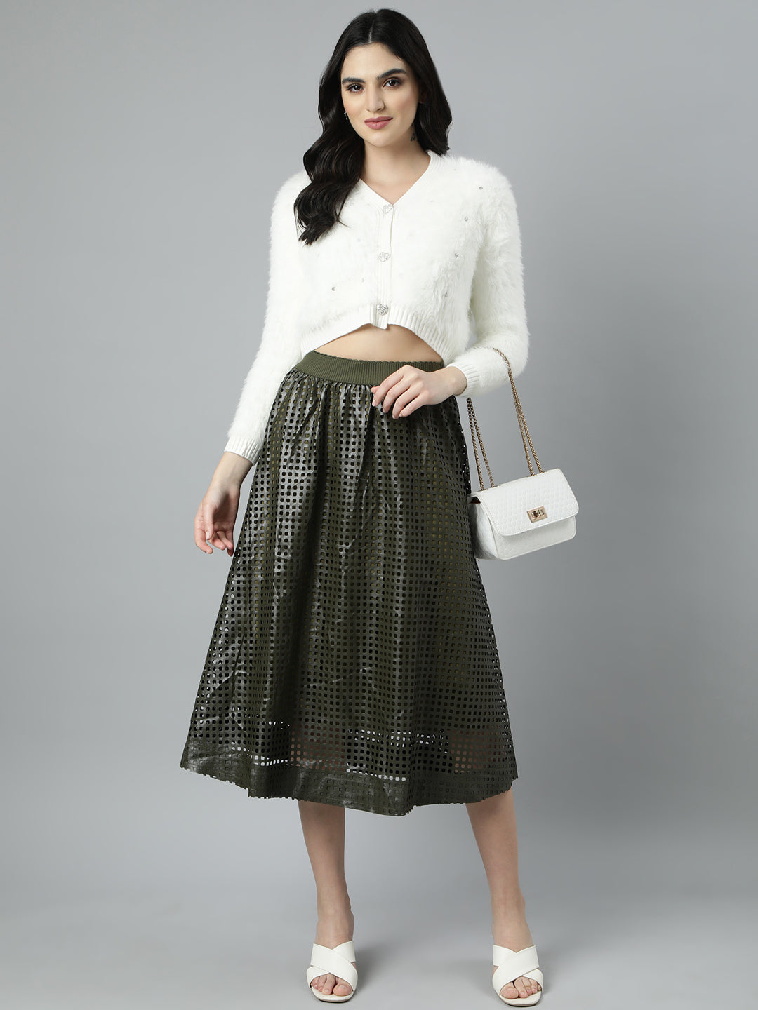 Women's Olive Self Designed Flared Midi Skirt