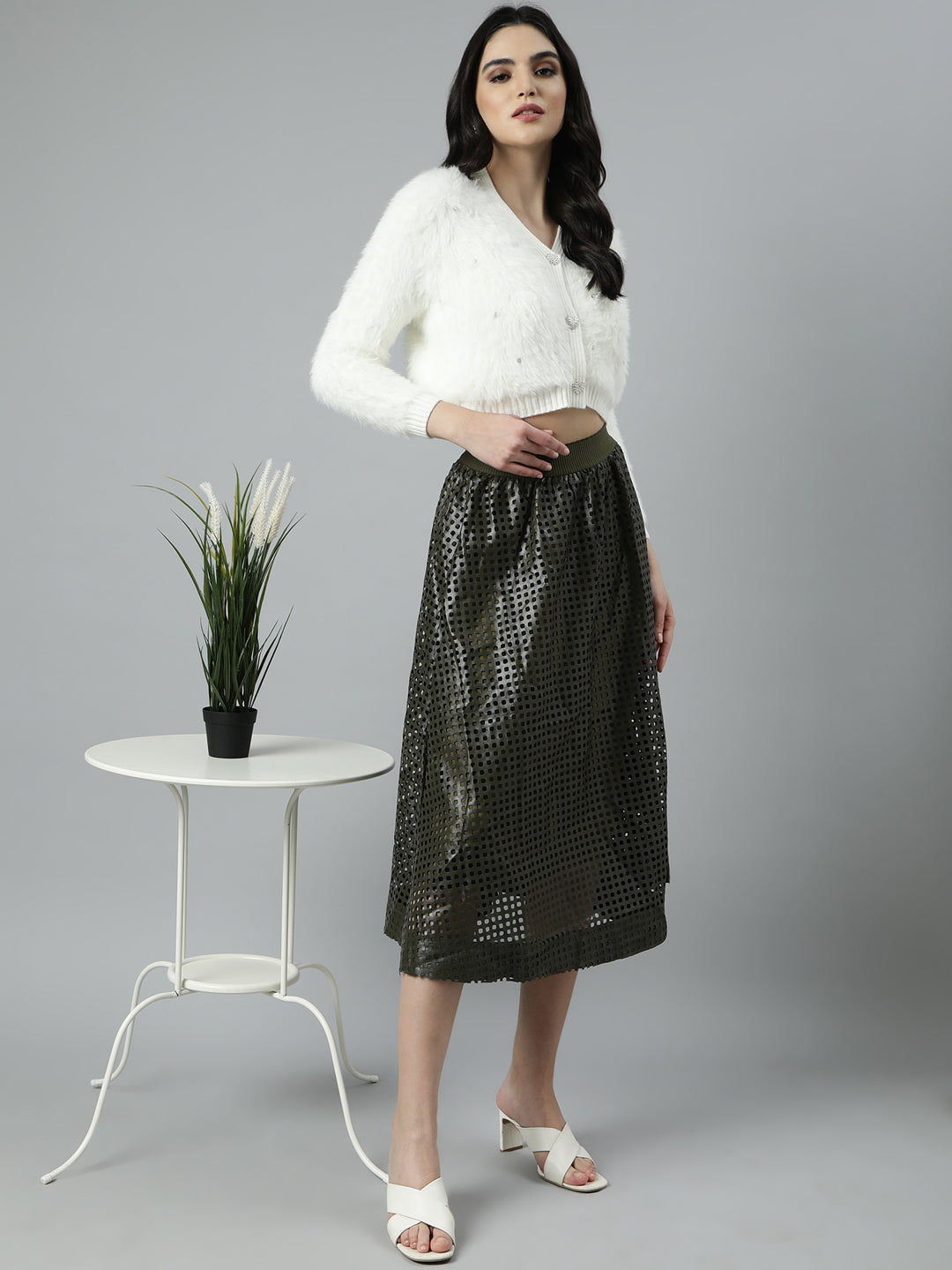 Women's Olive Self Designed Flared Midi Skirt