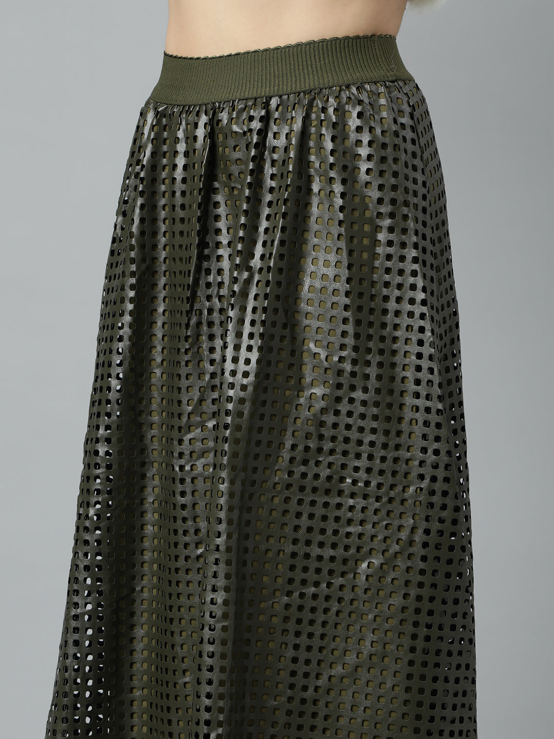 Women's Olive Self Designed Flared Midi Skirt