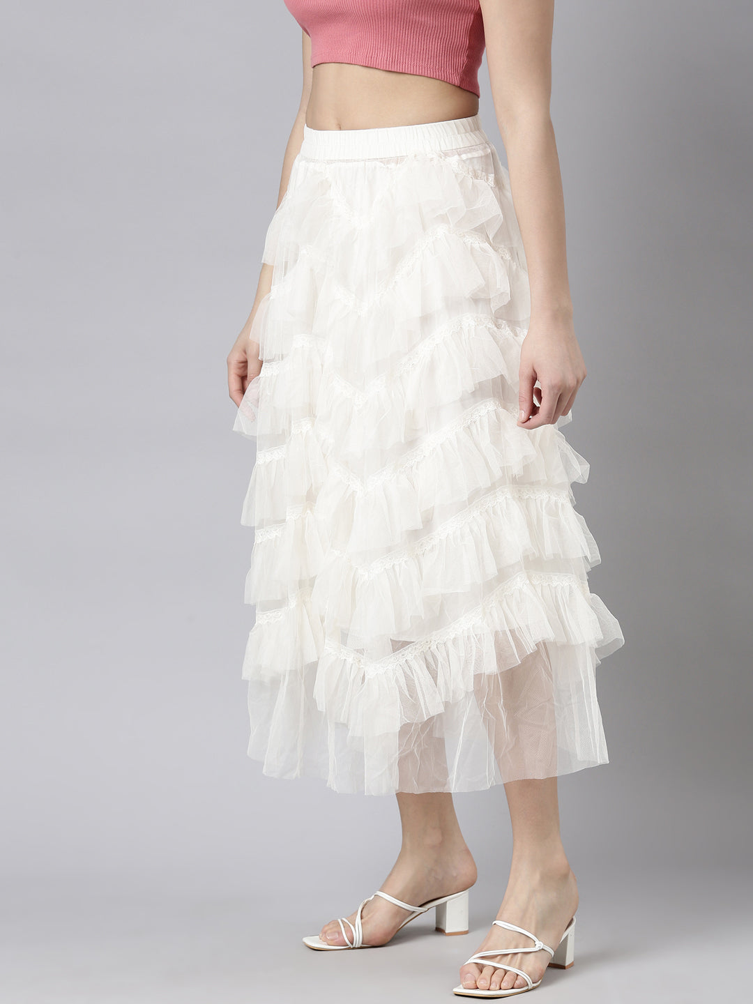 Women's Cream Tiered Midi Sheer Skirts