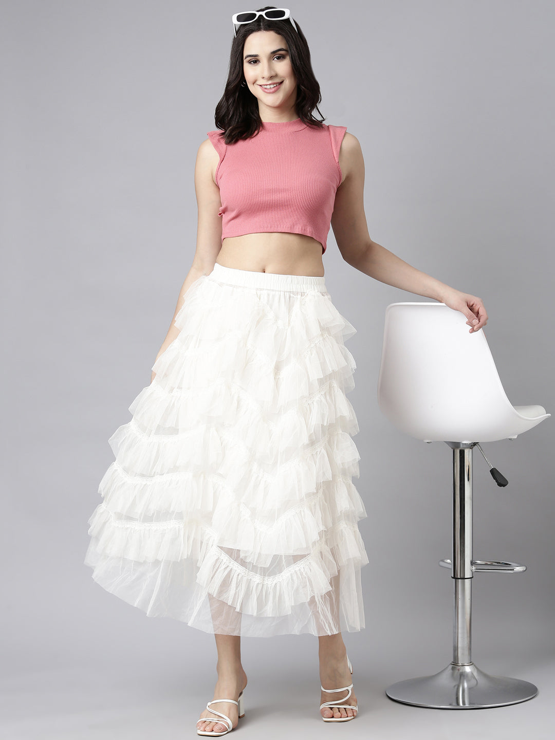 Women's Cream Tiered Midi Sheer Skirts