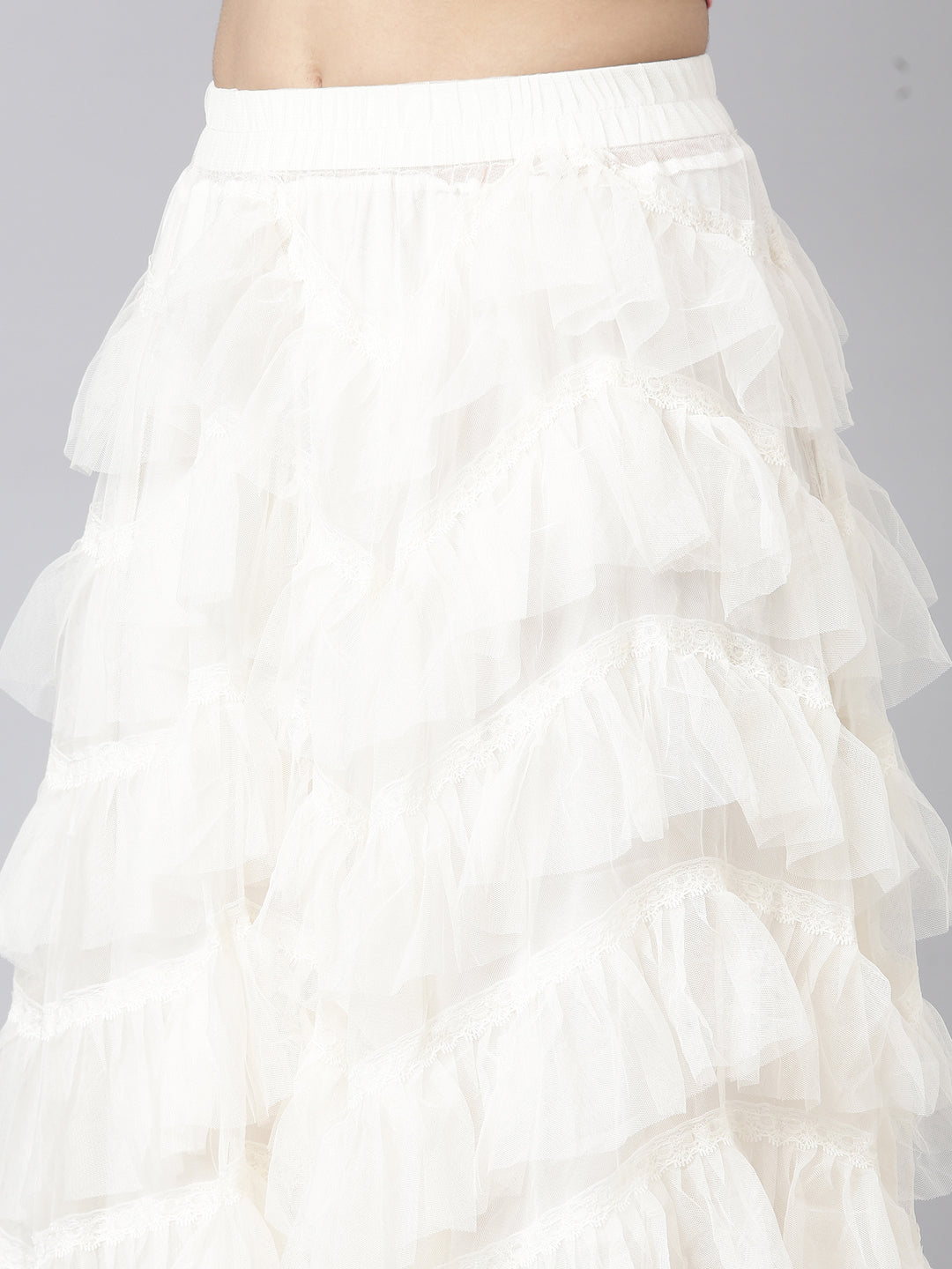 Women's Cream Tiered Midi Sheer Skirts