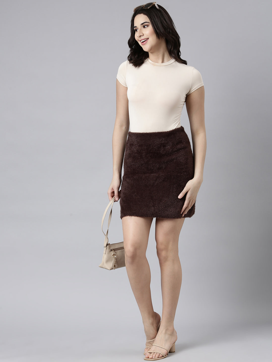 Women's Brown Textured Pencil Mini Skirt