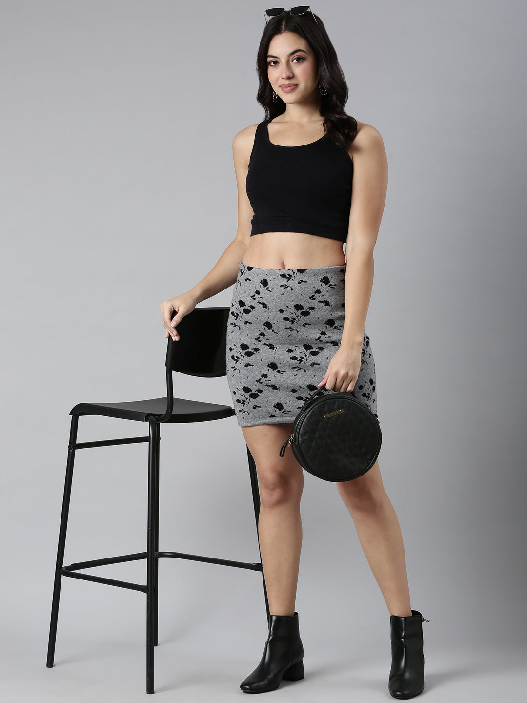 Women's Grey Abstract Pencil Mini Skirt