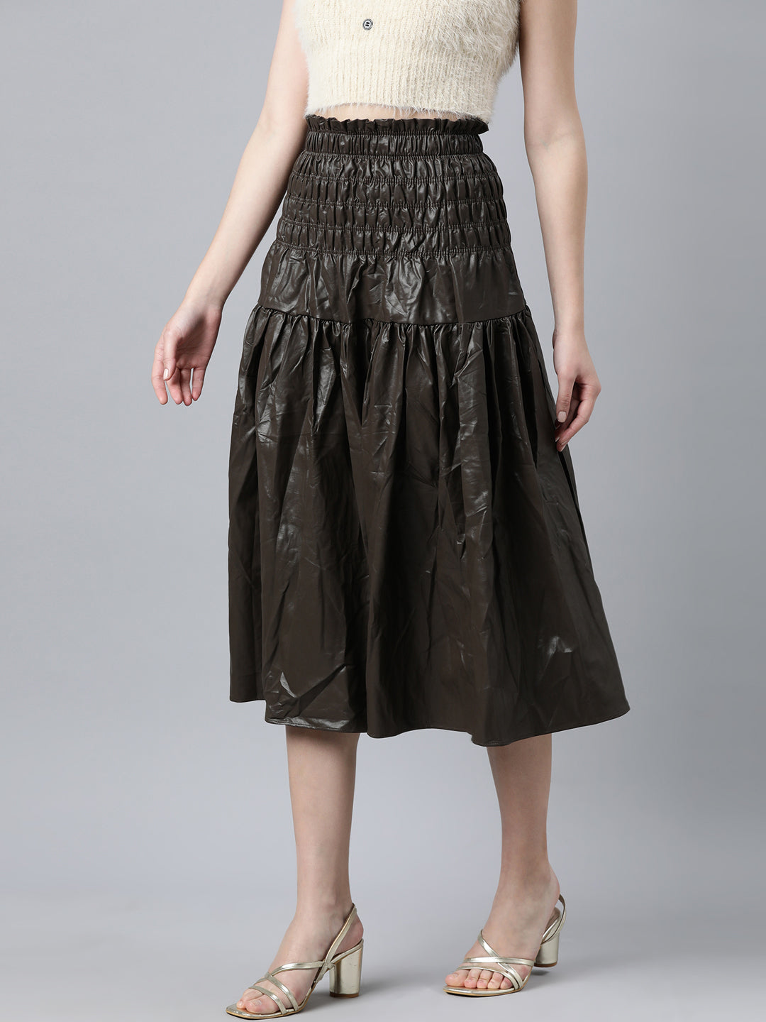 Women's Brown Monochrome Flared Midi Length Skirt