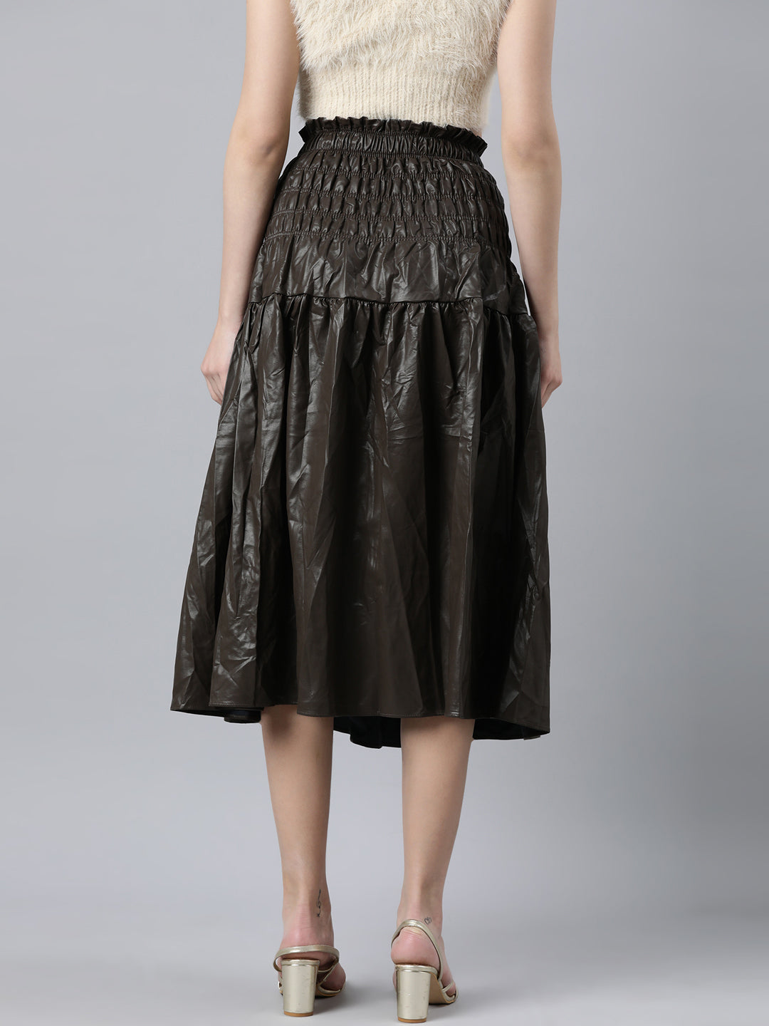 Women's Brown Monochrome Flared Midi Length Skirt
