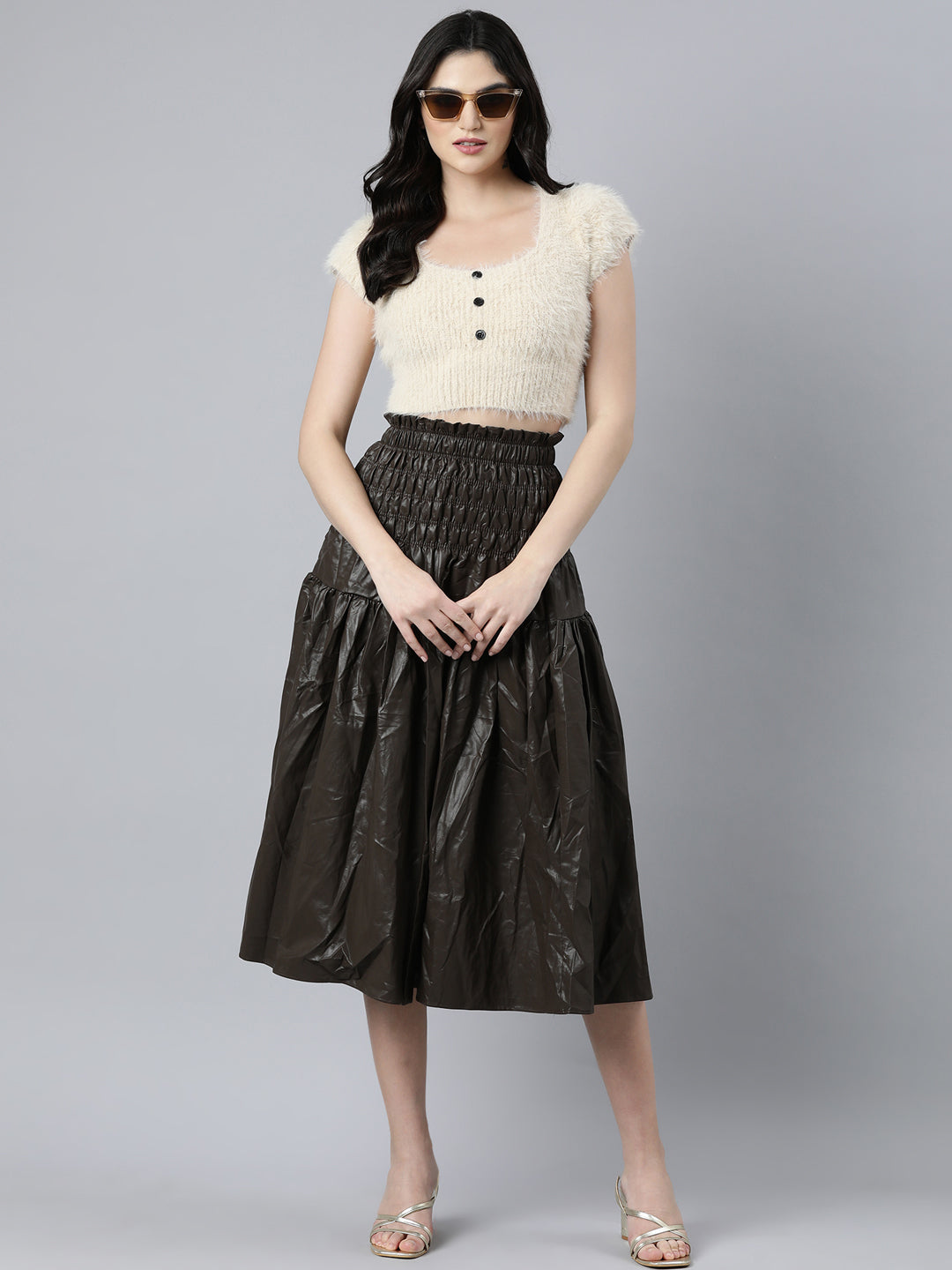 Women's Brown Monochrome Flared Midi Length Skirt
