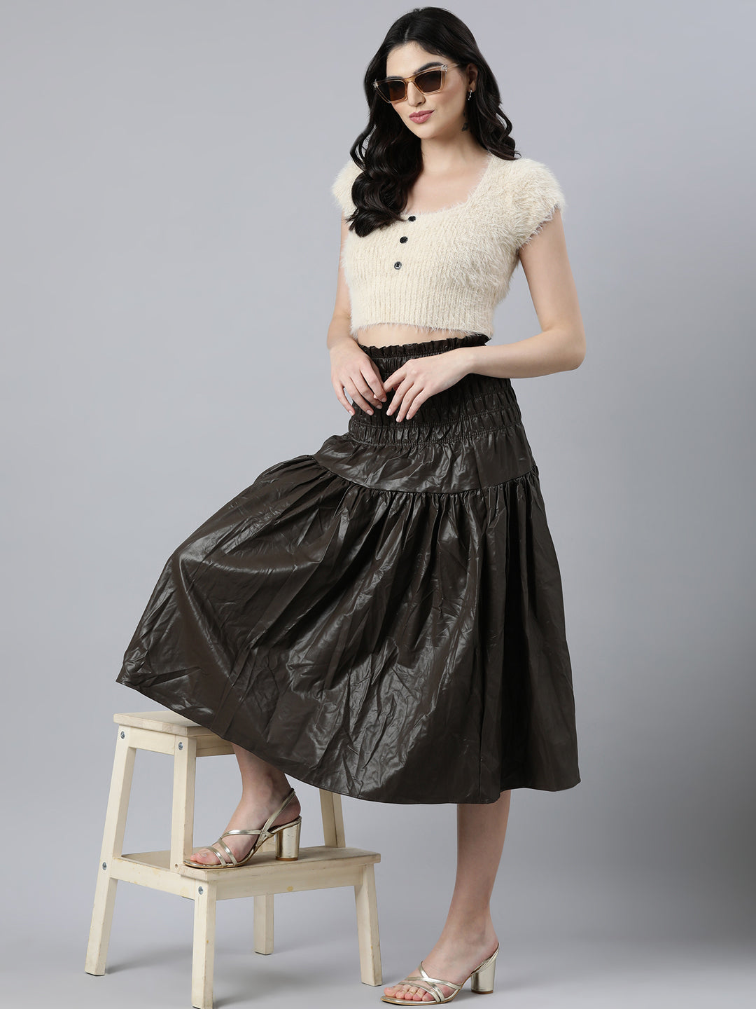 Women's Brown Monochrome Flared Midi Length Skirt