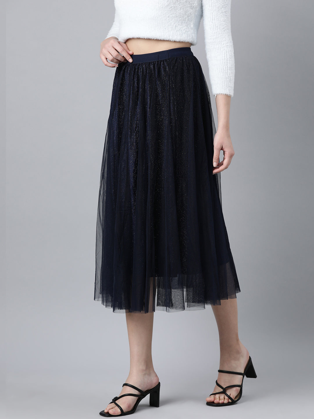 Women's Navy Blue Embellished Flared Midi Skirts