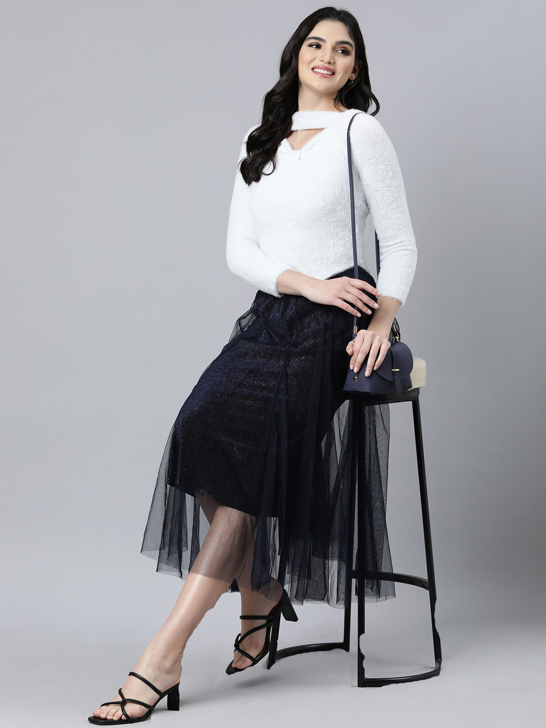 Women's Navy Blue Embellished Flared Midi Skirts