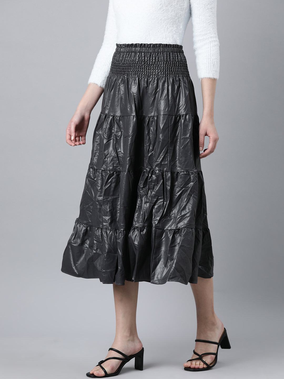 Women's Grey Tiered Midi Skirt