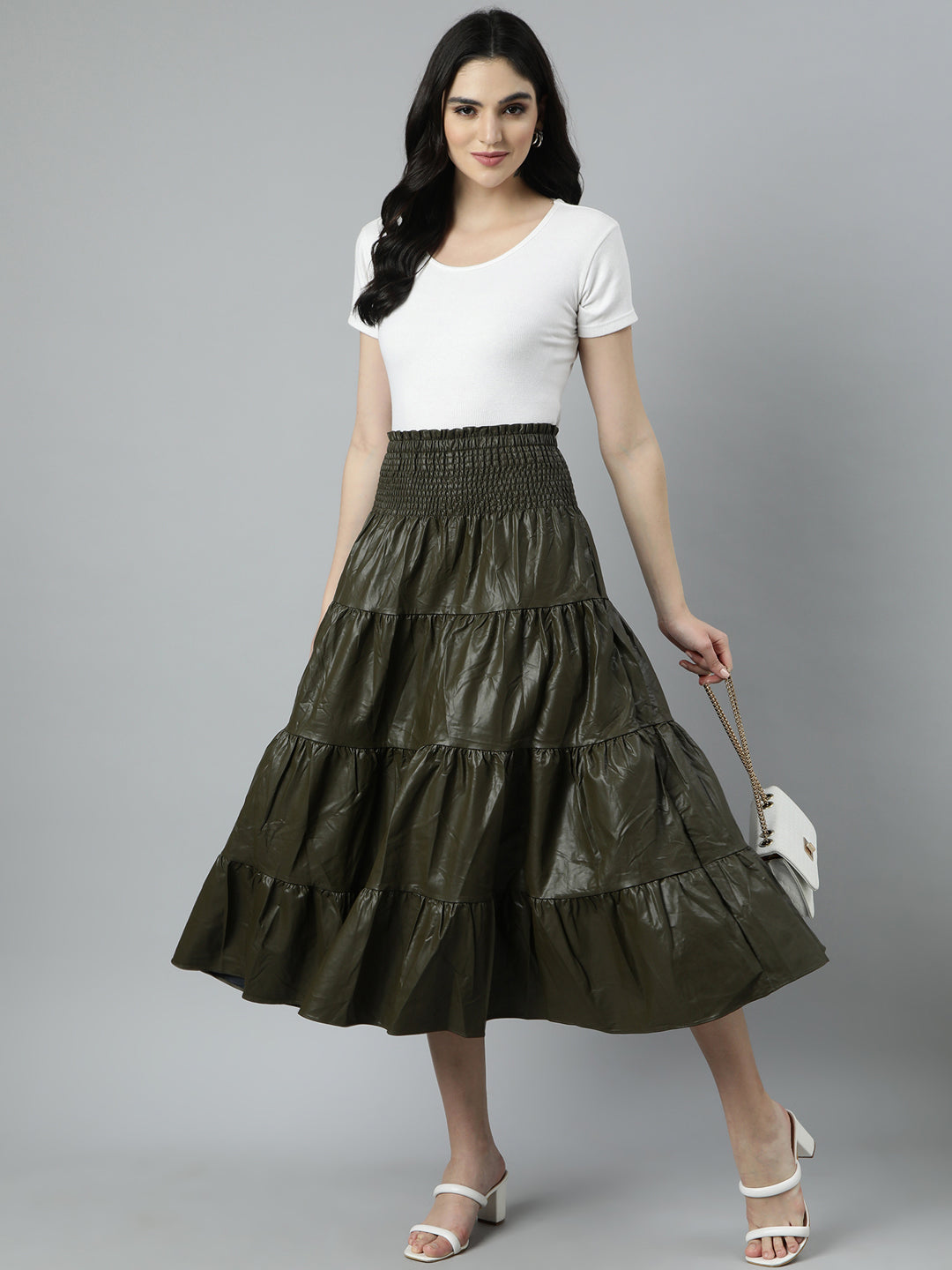 Women's Olive Tiered Monochrome Midi Skirts