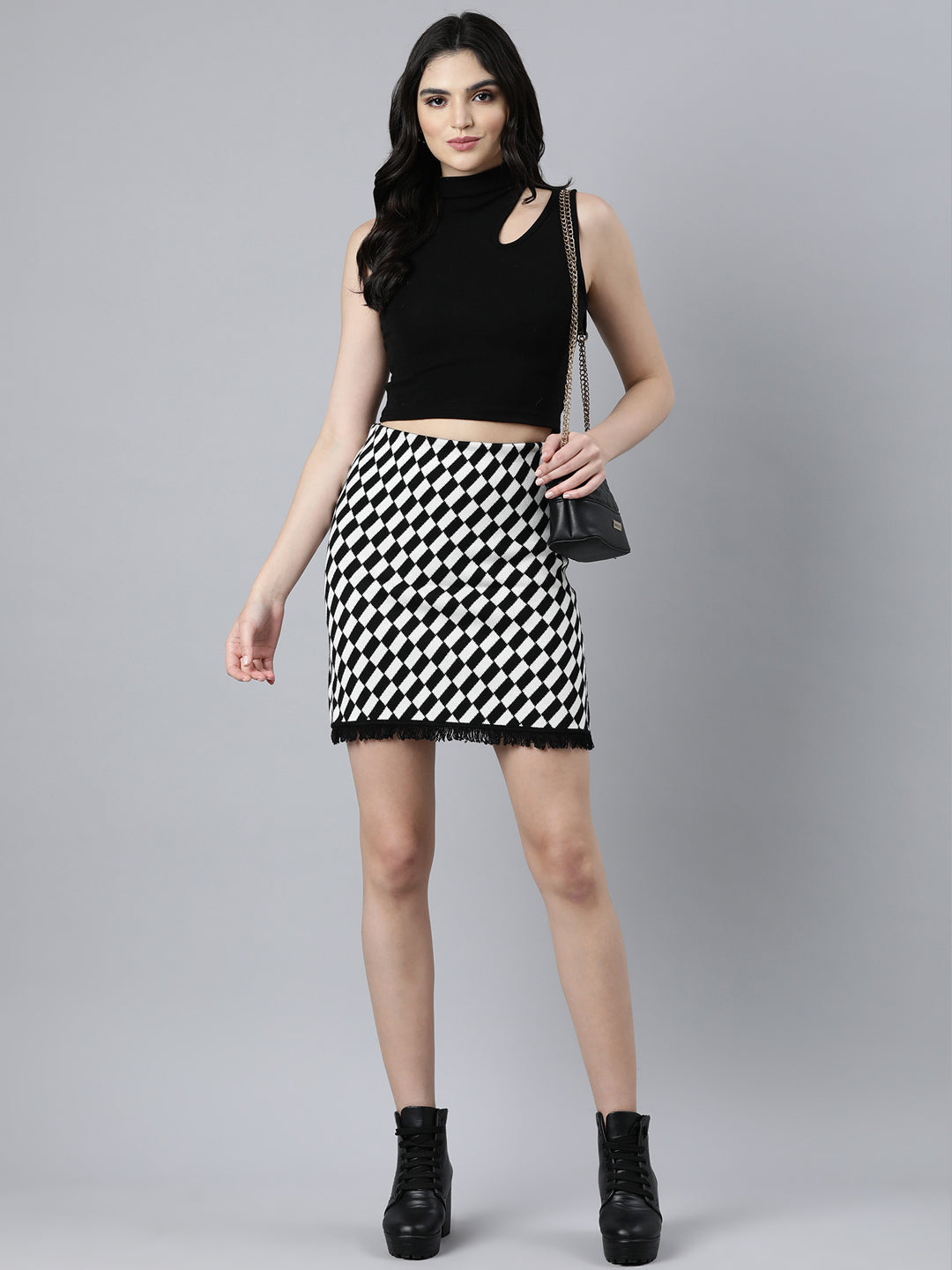 Women's Black Checked Pencil Mini Skirt