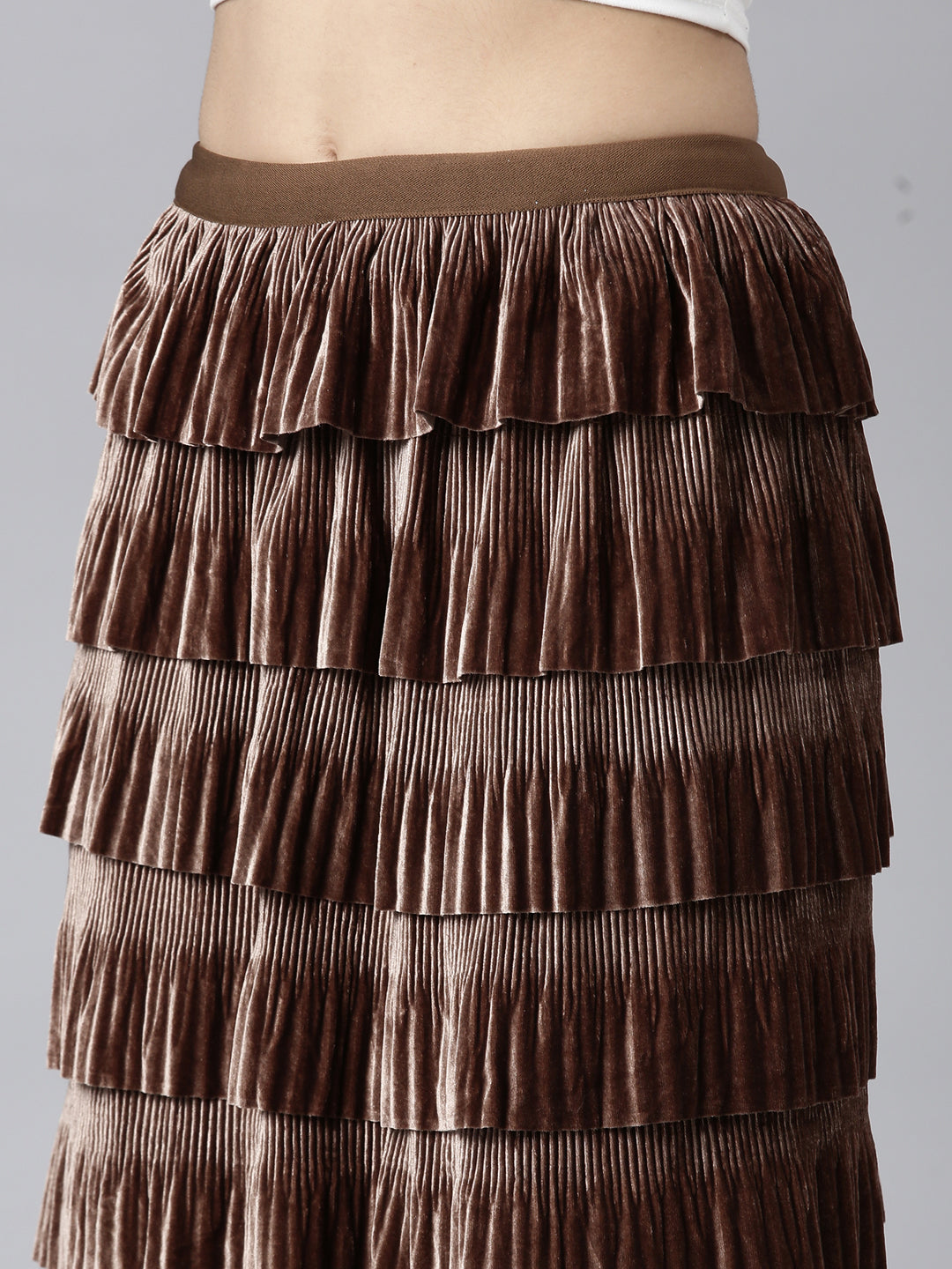 Women's Brown Self-Design Tiered Midi Skirt