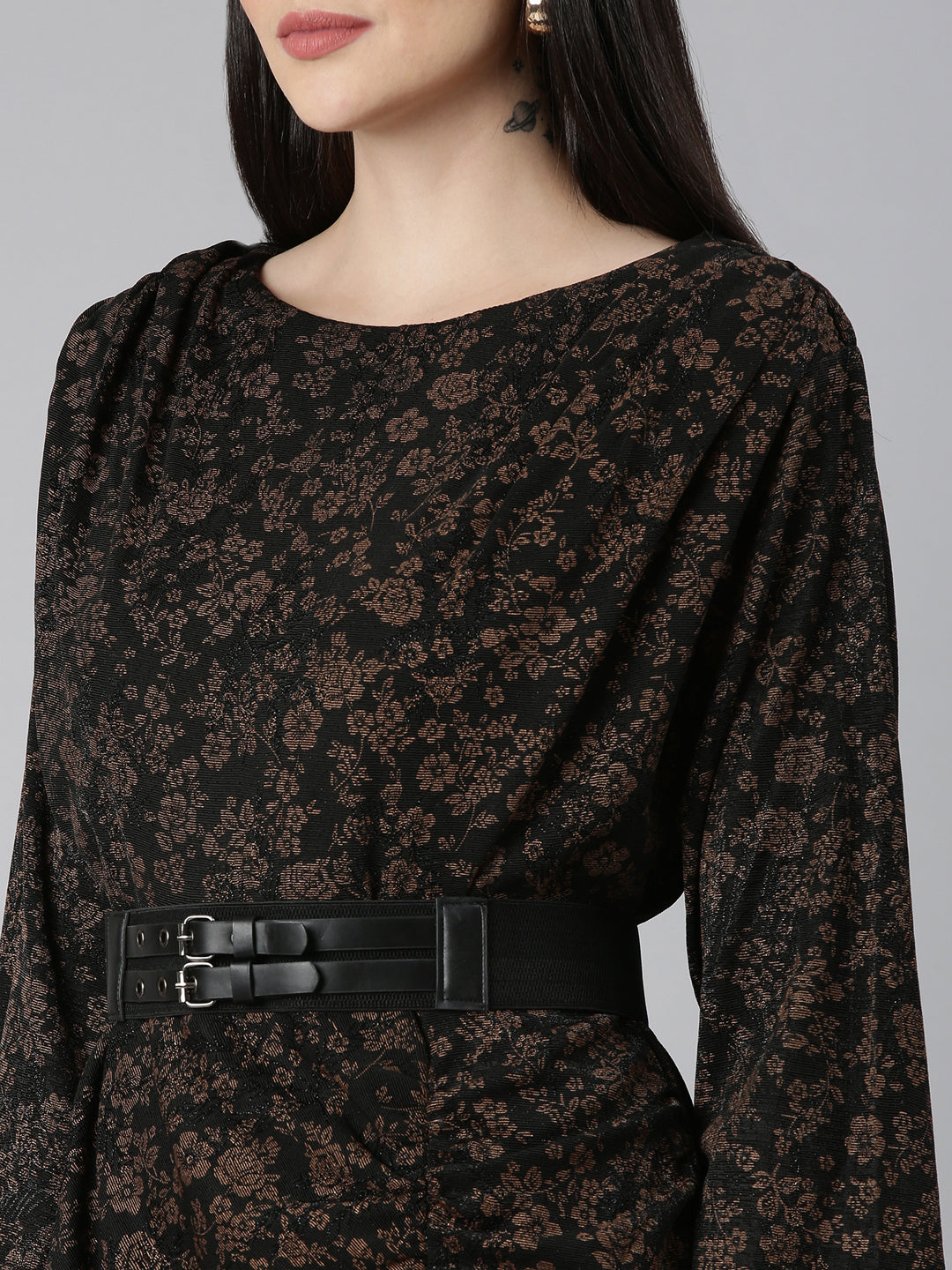 Women's Black Floral Printed A-Line Midi Dress