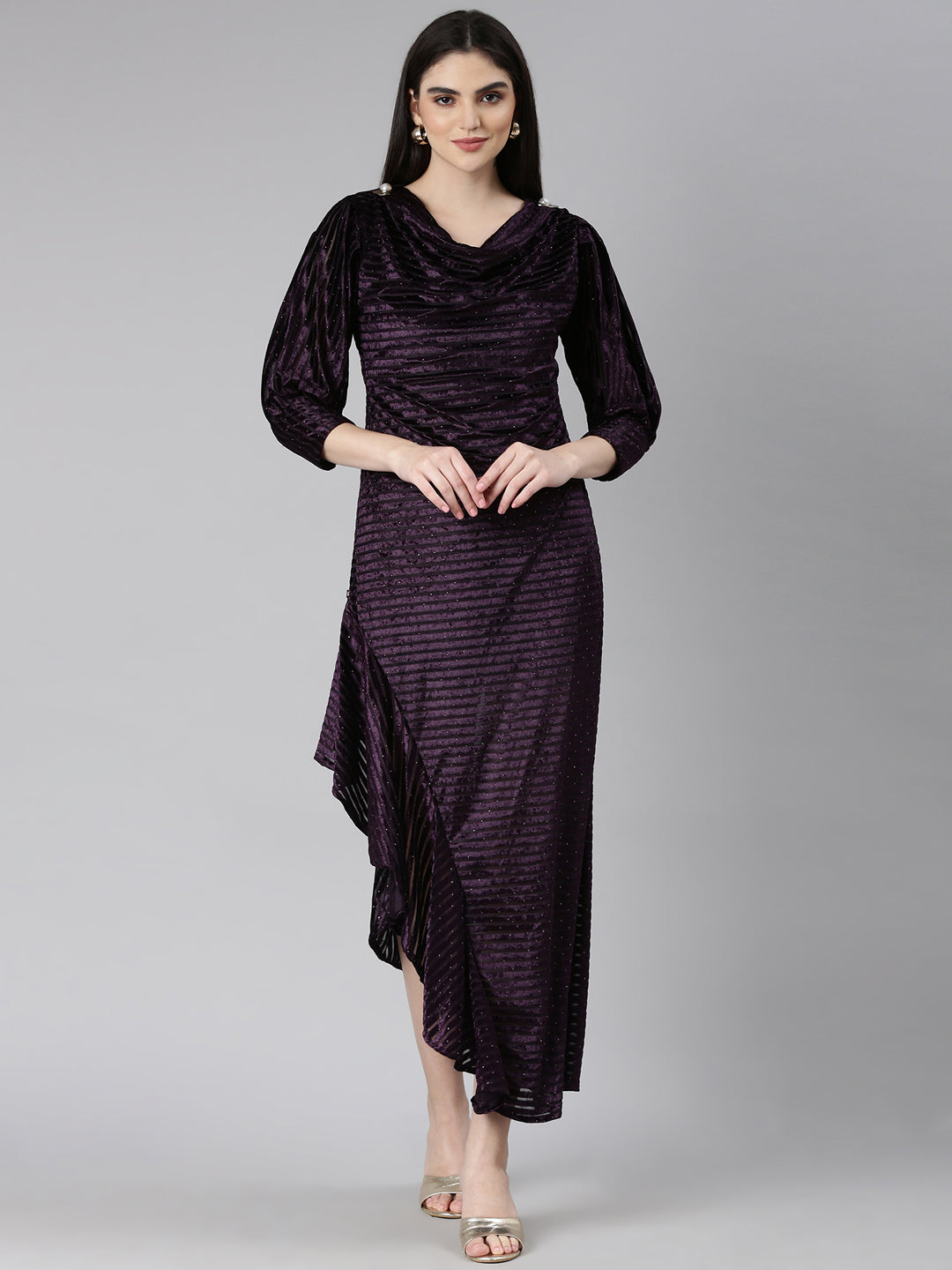 Women's Purple Cowl Neck Embellished Cuffed Sleeves A-Line Dress