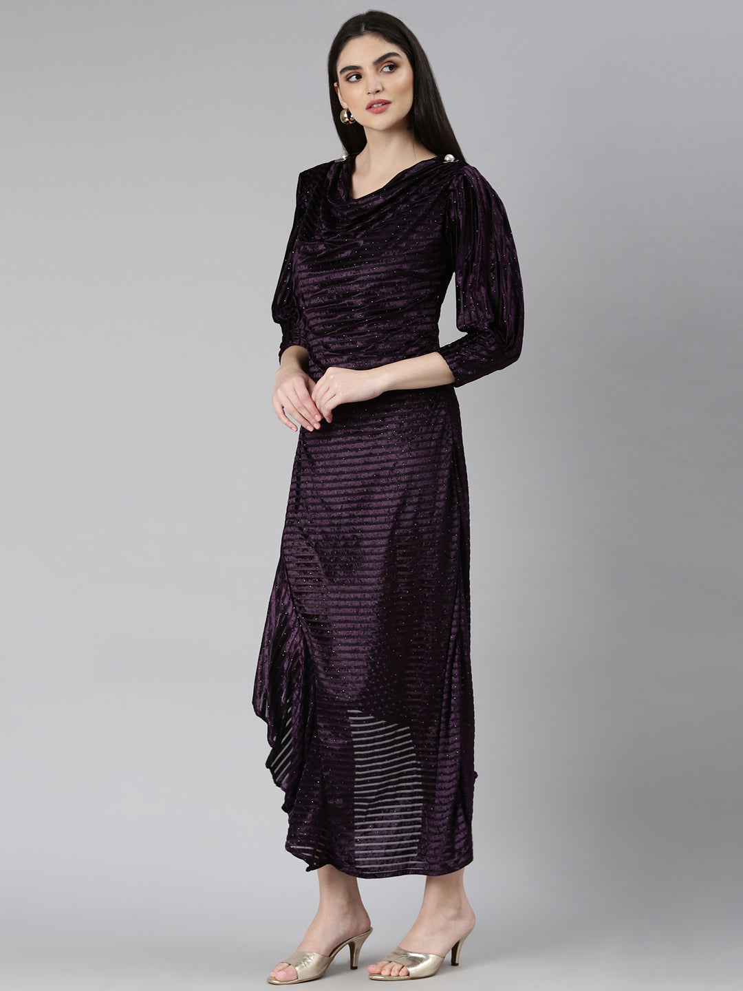 Women's Purple Cowl Neck Embellished Cuffed Sleeves A-Line Dress