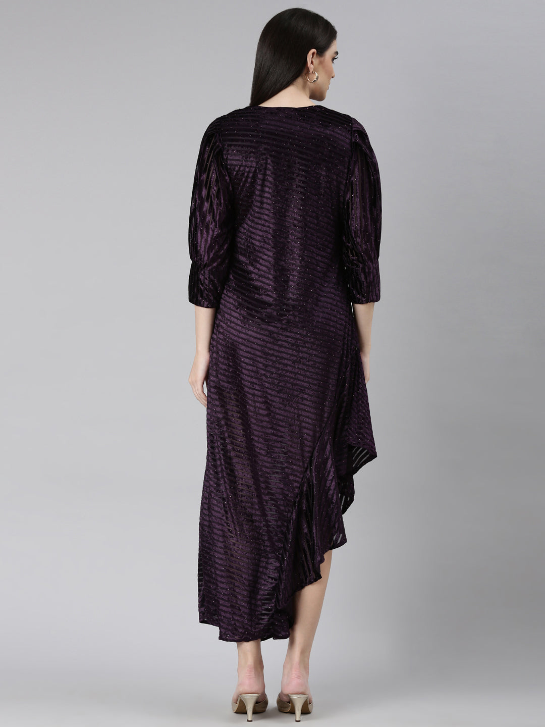Women's Purple Cowl Neck Embellished Cuffed Sleeves A-Line Dress
