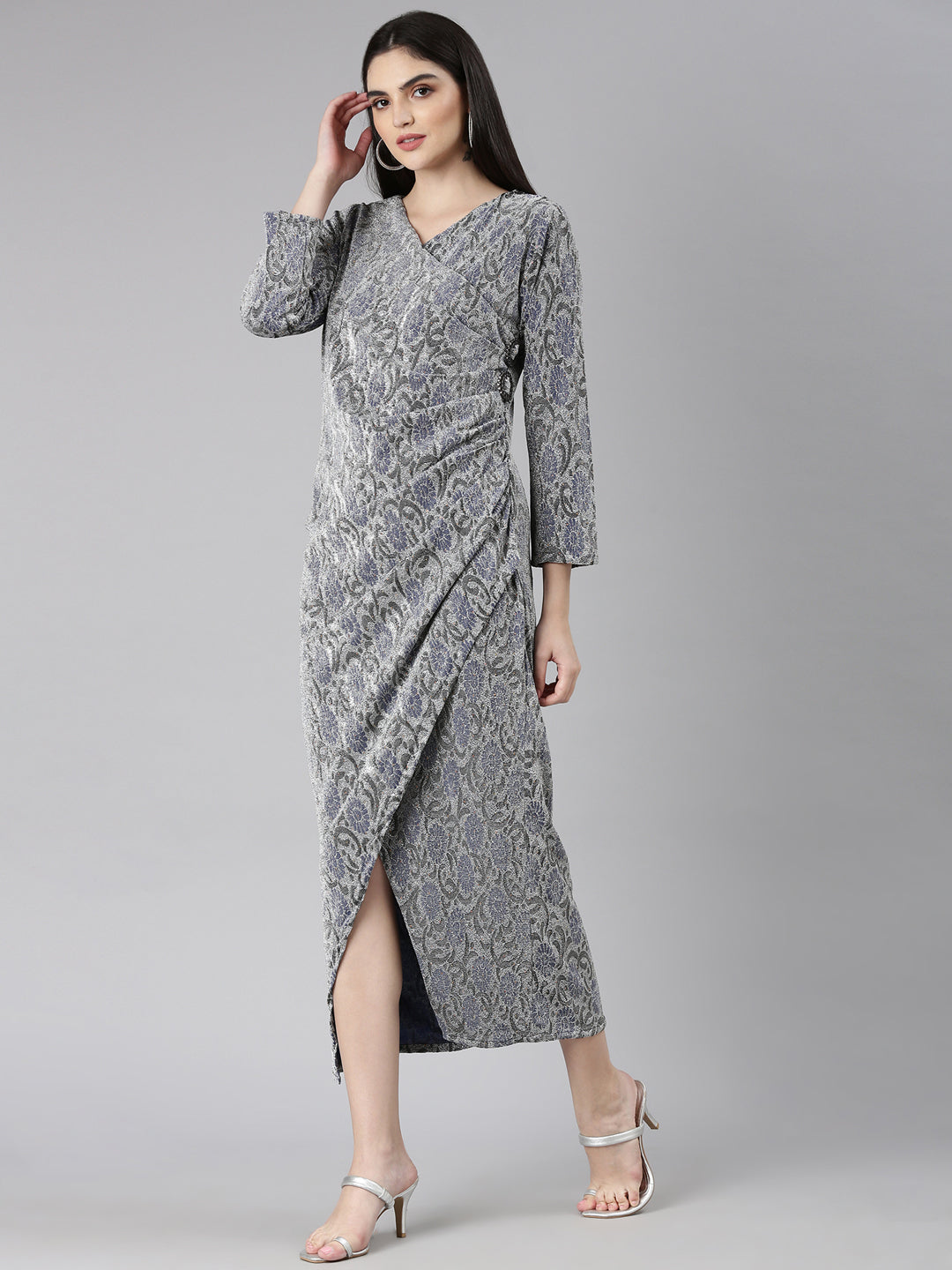 Women's Silver Self Design Sheath Dress