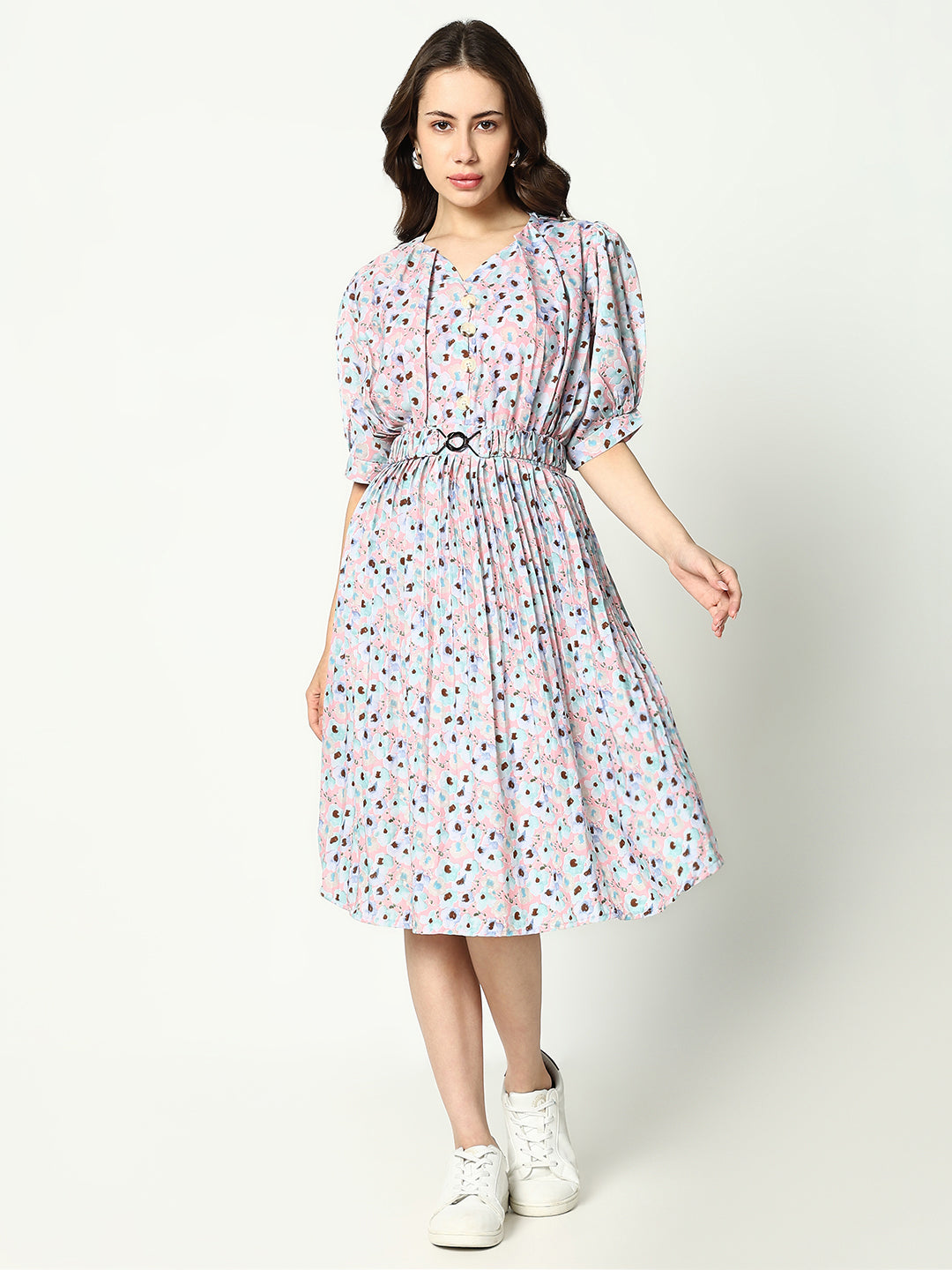 Women's Pink Floral Print Puff Sleeve Fit and Flare Dress