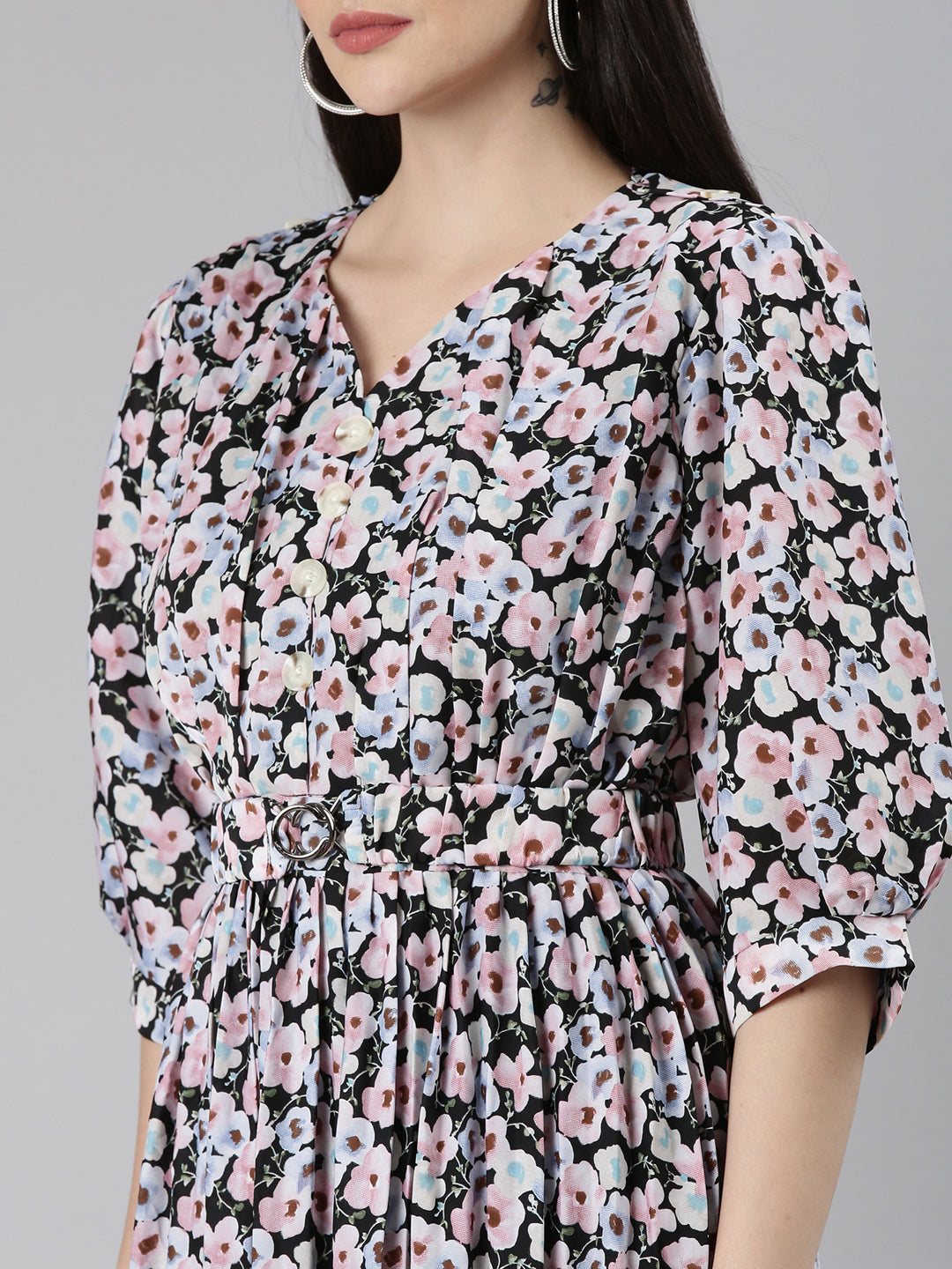 Women's Multi Floral Printed Puff Sleeve Fit & Flare Midi Dress
