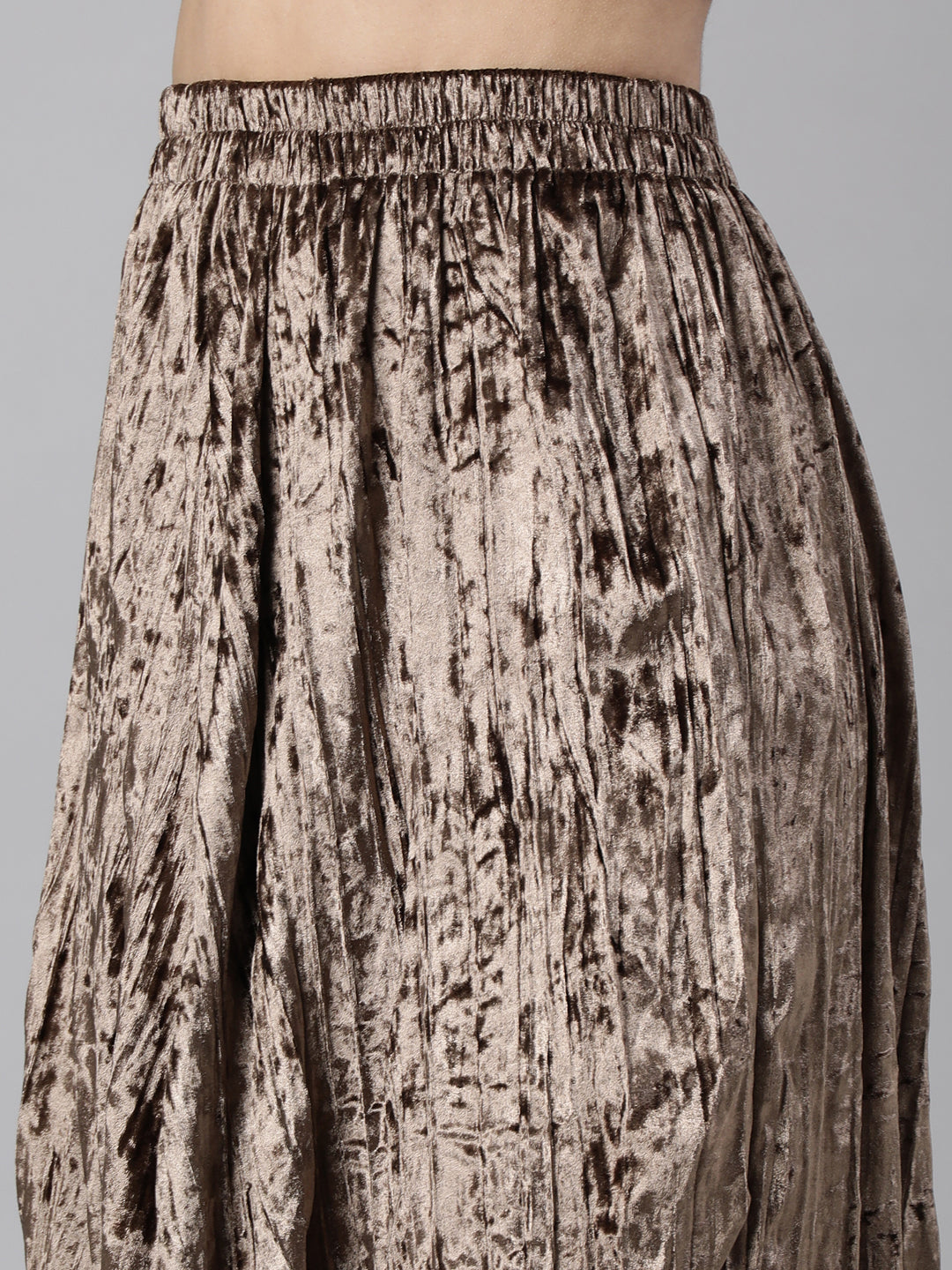 Women's Beige Crushed Design Flared Midi Skirt
