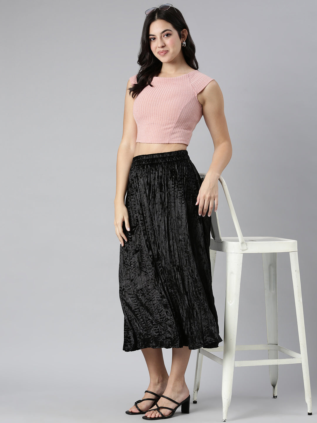 Women's Black Flared Midi Skirt