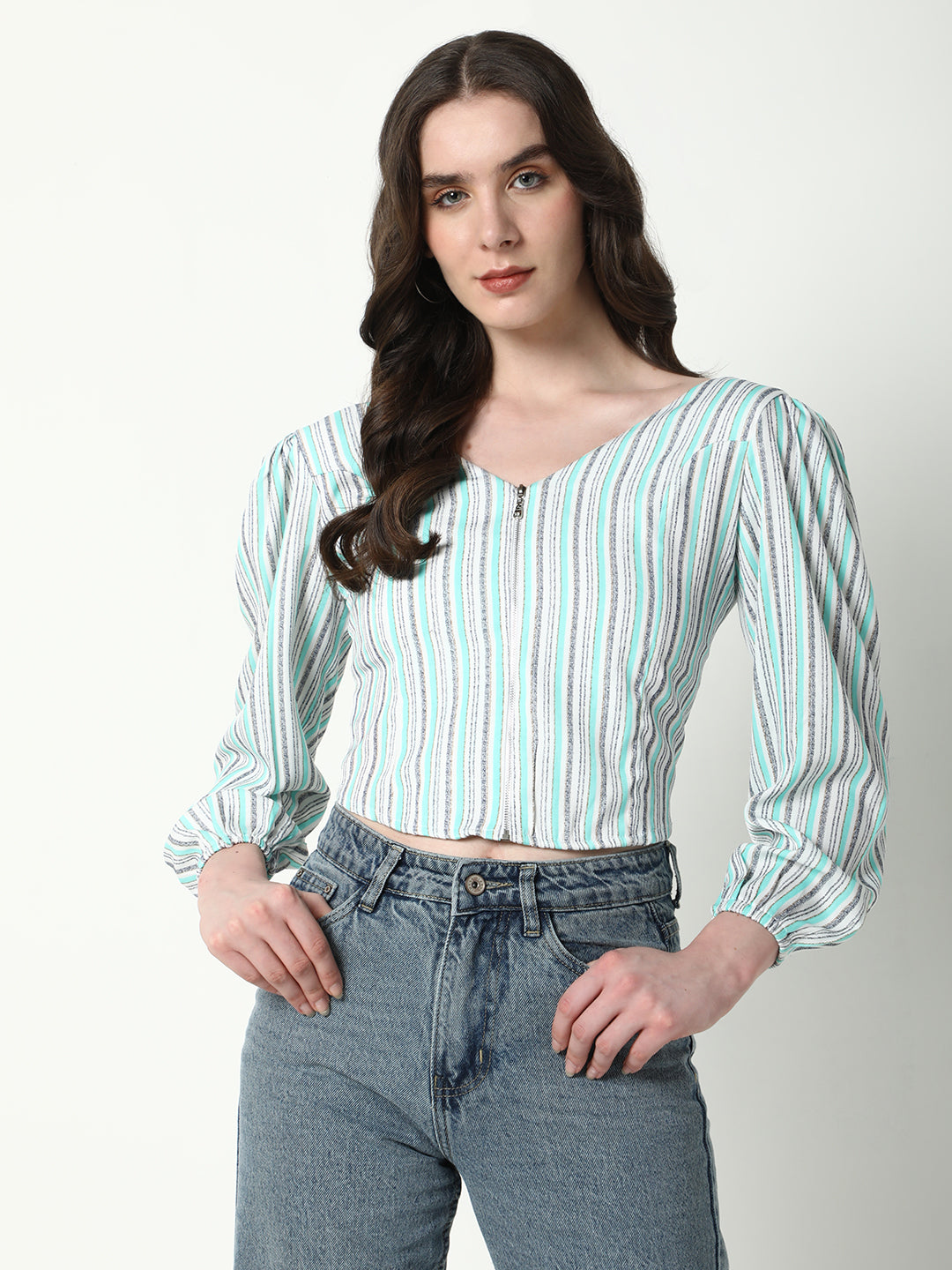 Women's Green Striped Puff Sleeve Crop Top