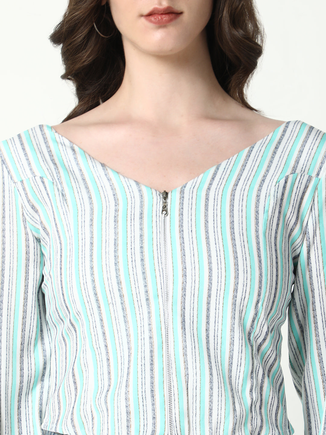 Women's Green Striped Puff Sleeve Crop Top