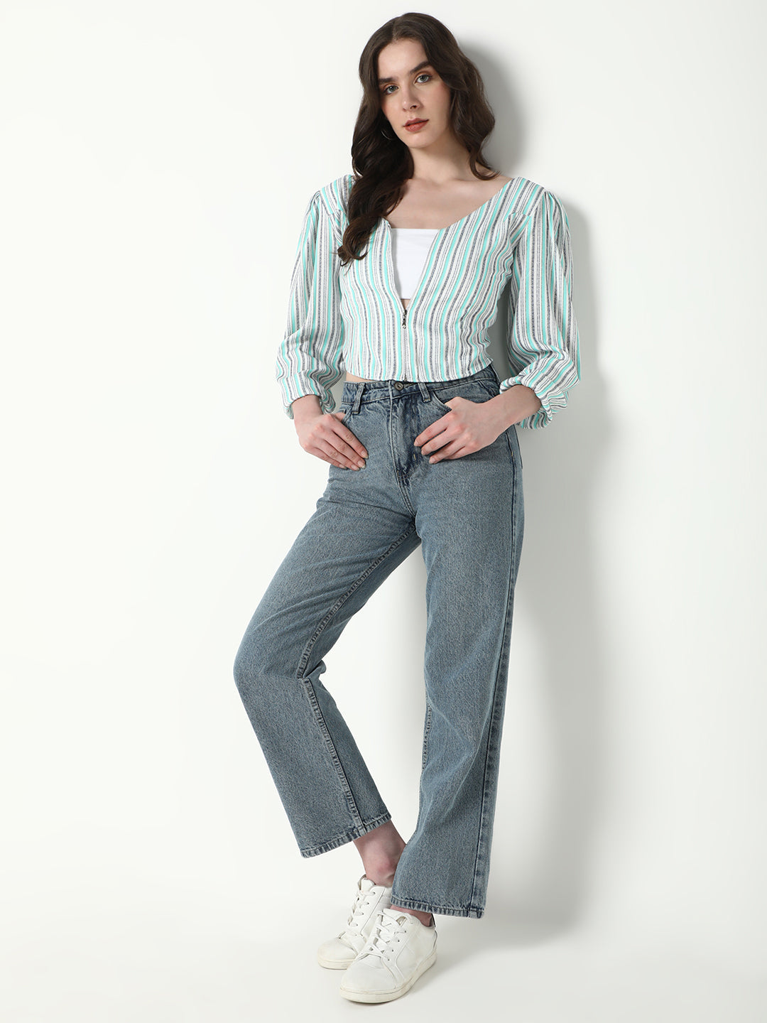 Women's Green Striped Puff Sleeve Crop Top