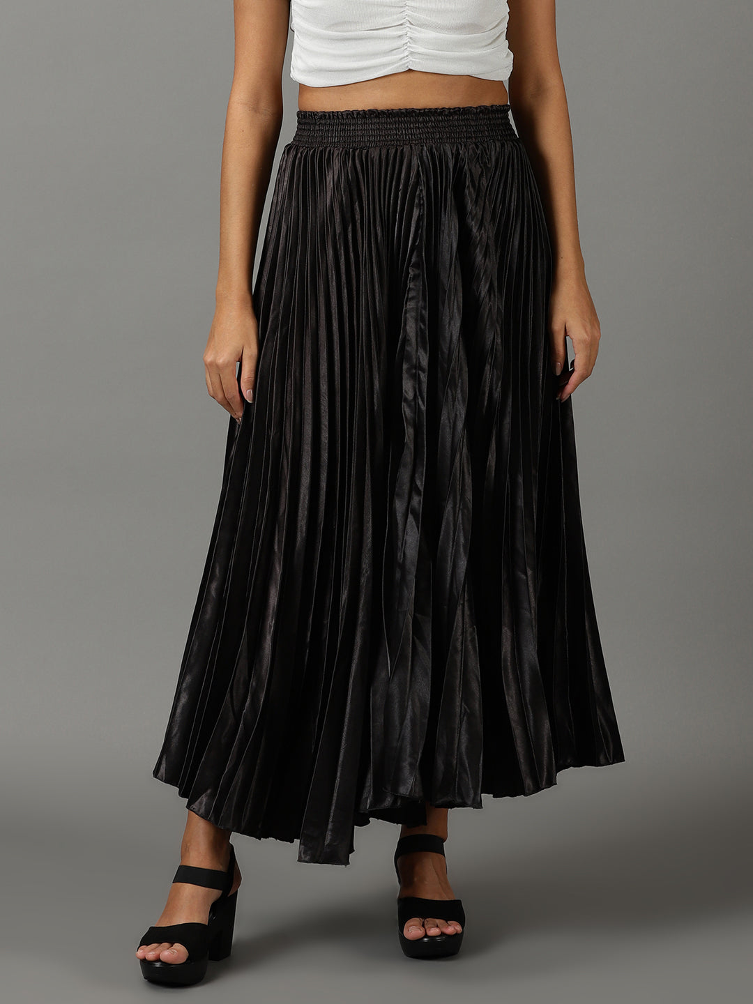 Women's Black Accordion Pleated Flared Maxi Skirt