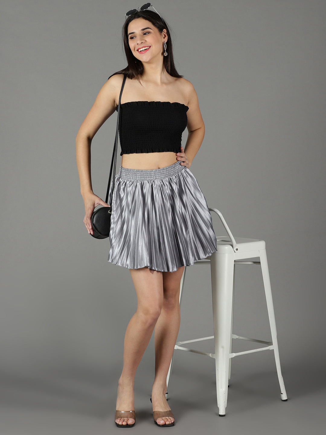 Women's Grey Accordion Pleated Flared Satin Mini Skirt