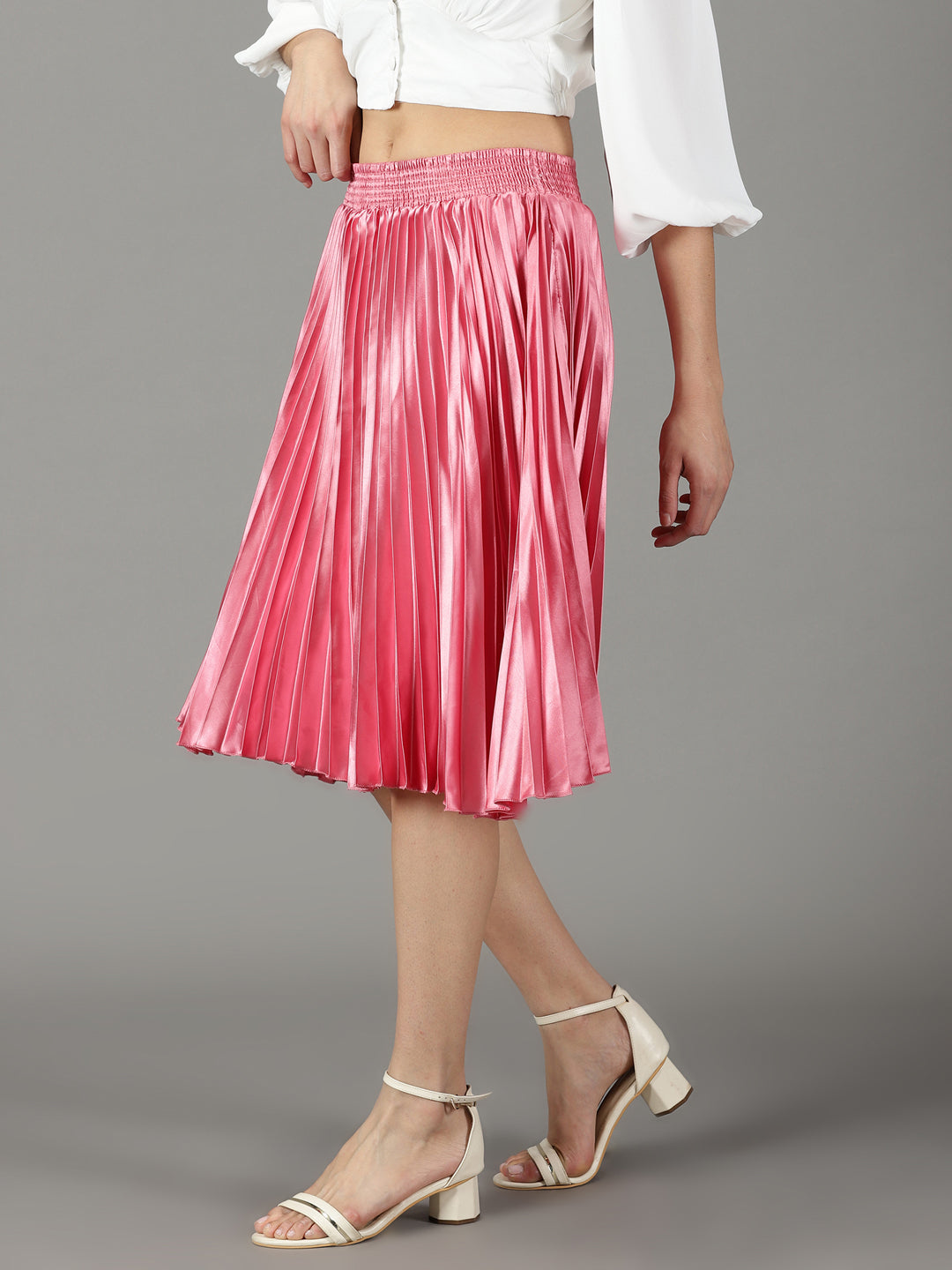 Women's Pink Accordion Pleated Satin Flared Knee Length Skirt