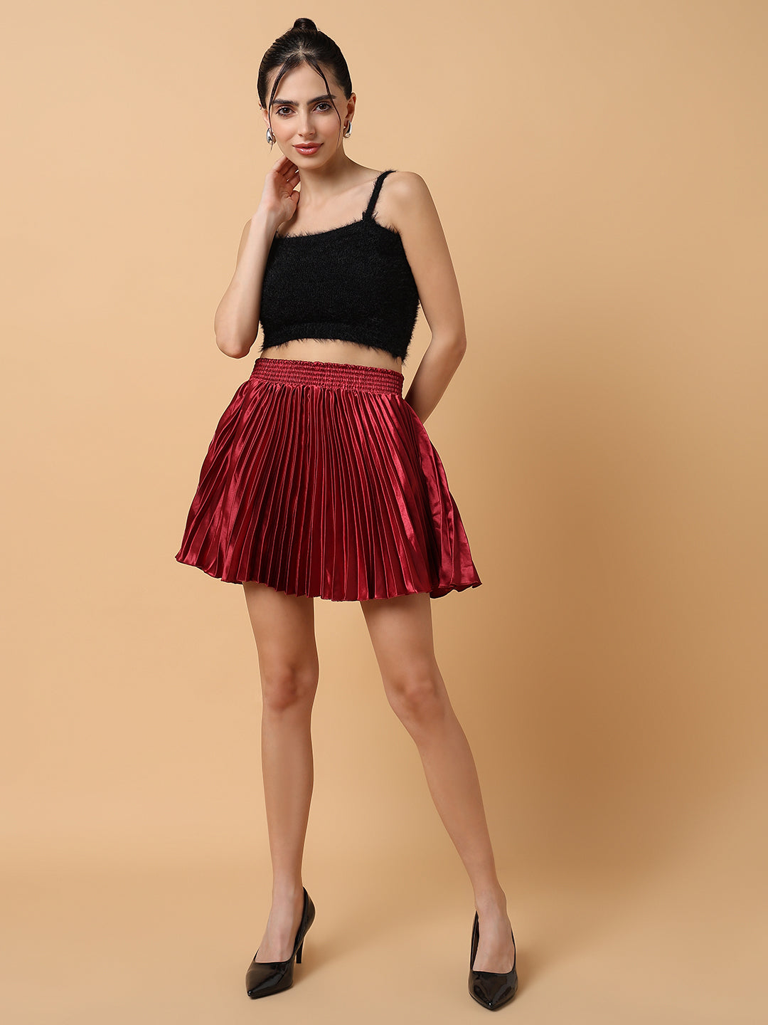 Women's Maroon Solid Mini Flared Skirt