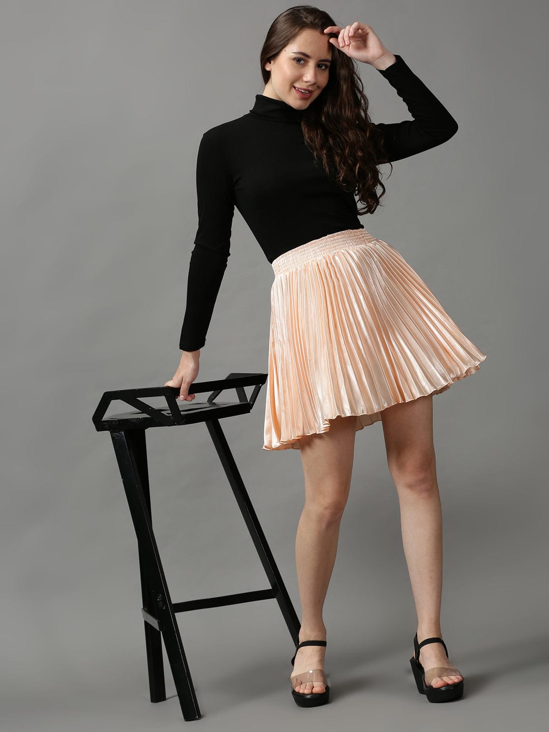 Women's Peach Solid Flared Mini Skirt