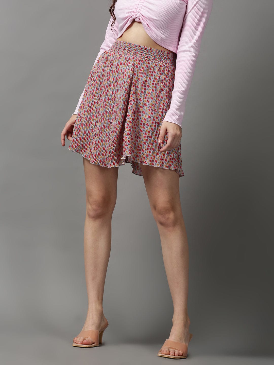 Women's Grey Printed Mini Flared Skirts