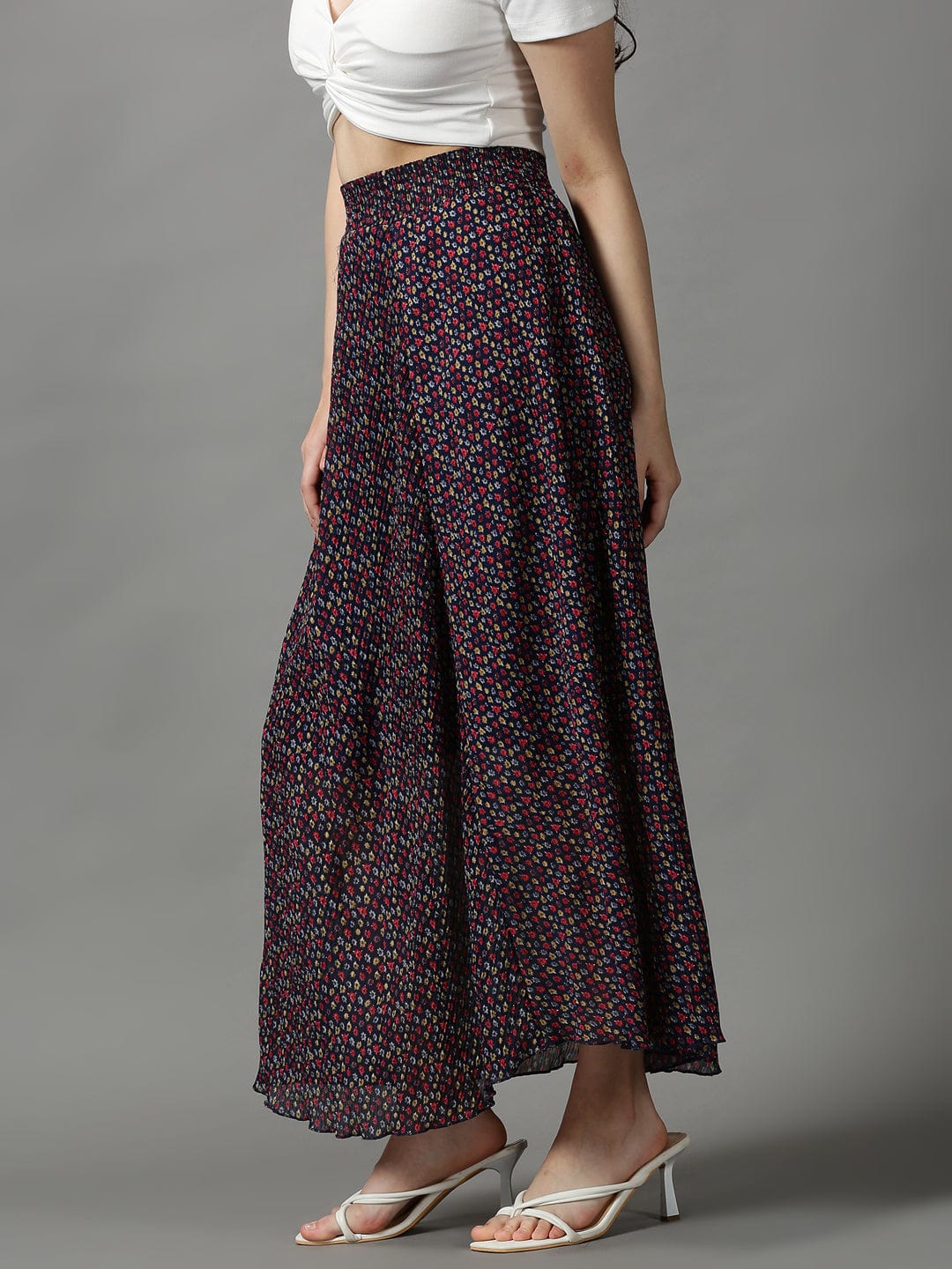 Women's Navy Blue Floral Printed Flared Maxi Skirt
