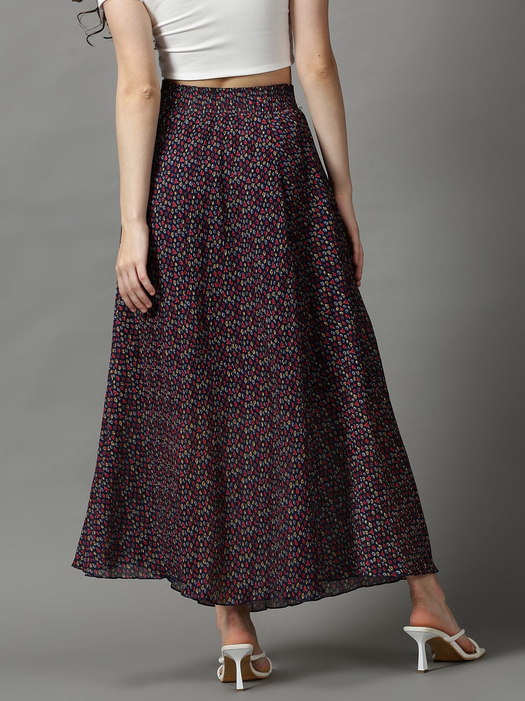 Women's Navy Blue Floral Printed Flared Maxi Skirt