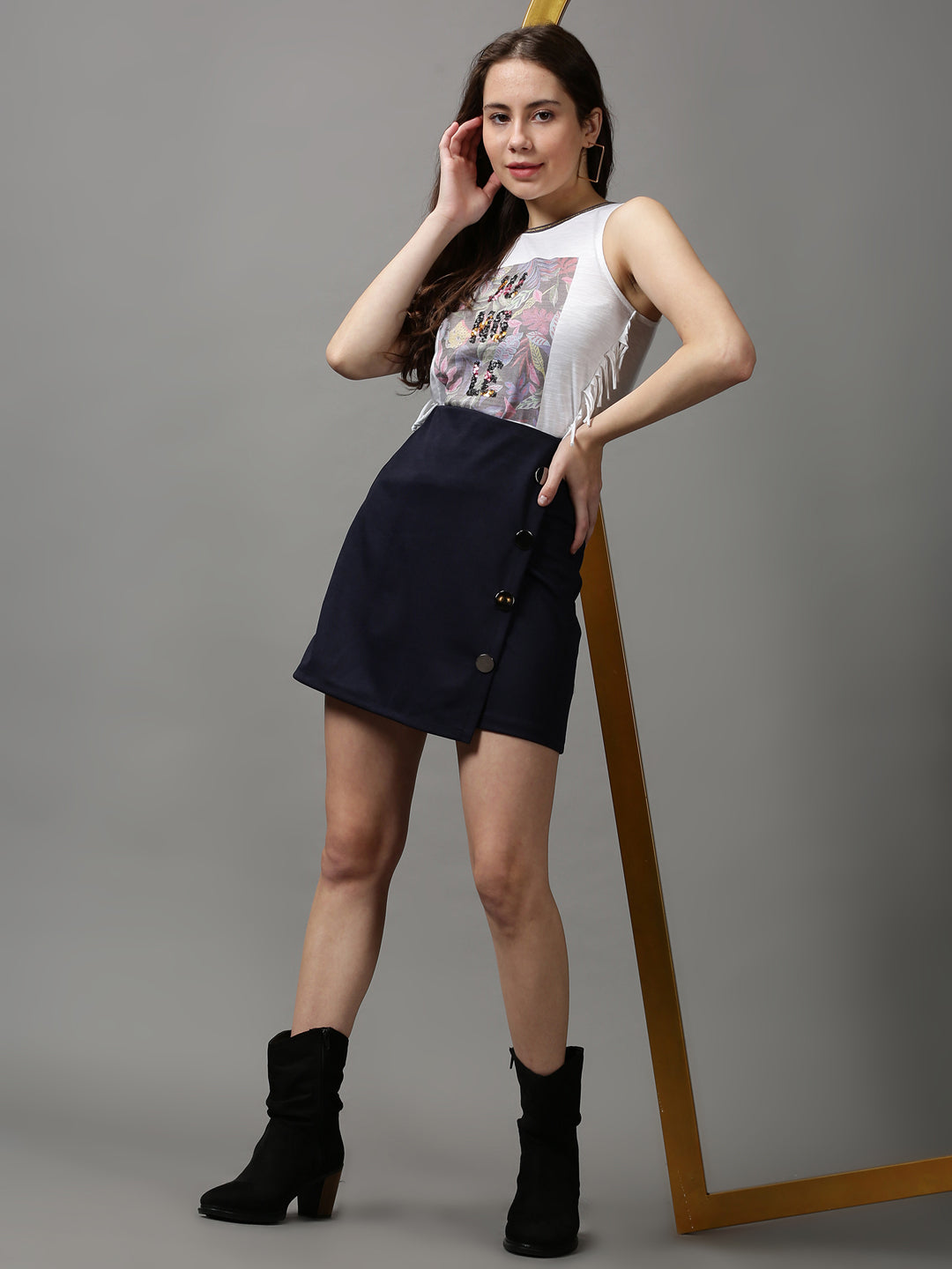 Women's Navy Blue Solid Mini A-Line Skirt