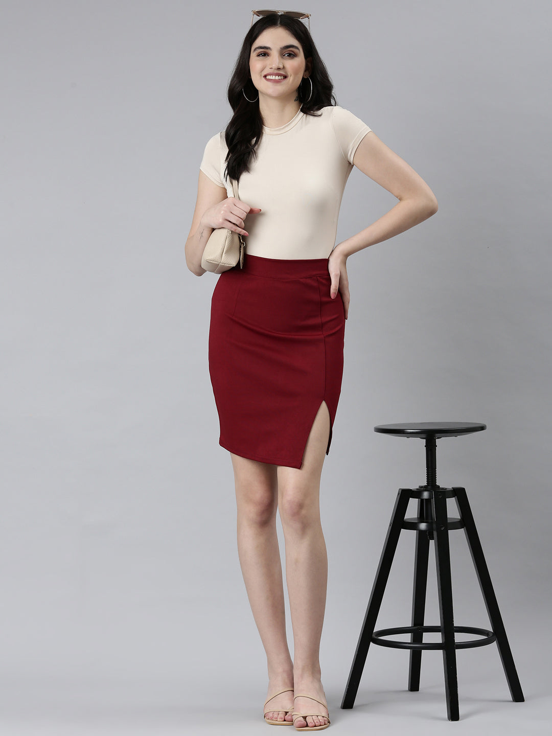 Women's Maroon Pencil Above Knee Skirt